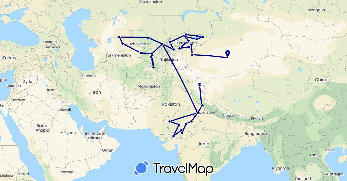 TravelMap itinerary: driving in China, India, Kyrgyzstan, Kazakhstan, Uzbekistan (Asia)